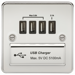 Flat Plate Quad USB charger outlet - Polished chrome with black insert