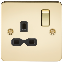 Flat plate 13A 1G DP switched socket - polished brass with black insert