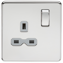 Screwless 13A 1G DP switched socket - polished chrome with grey insert